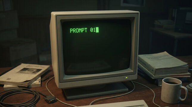 Vintage CRT computer monitor displaying retro text on a desk.