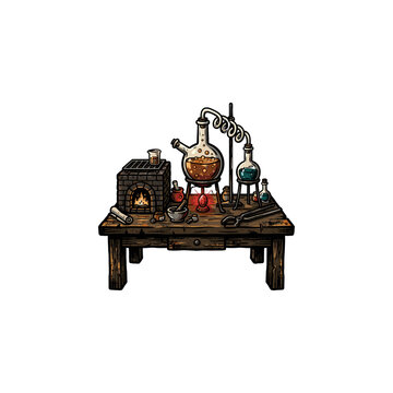 Intricate Alchemy Workstation Featuring A Brick Athanor With Fire, Coiled Glass Flask, Mortar, Various Tools, And Assorted Potions Arranged On A Rustic Wooden Table, Vector Illustration
