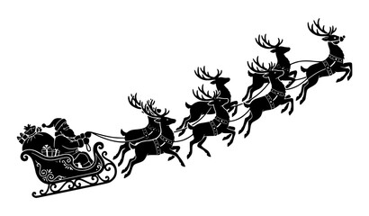 Premium Santa Claus flying sleigh and reindeer Christmas winter silhouette vector artwork © Nazir