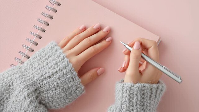 4k footage top view of woman hands with manicure writing in pastel pink spiral notebook