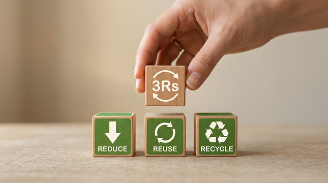 Hand placing wooden block with 3rs concept on sustainability blocks