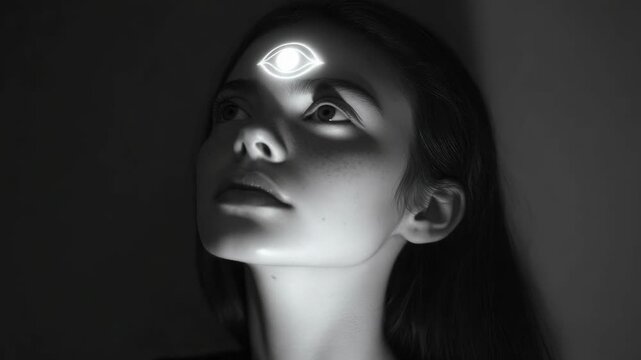 A young woman with a third eye painted on her face, gazing off to the side.