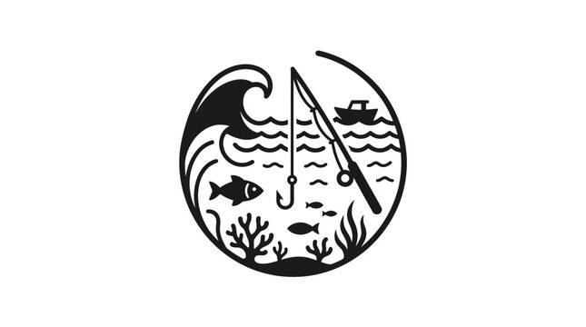 Circular fishing emblem with ocean wave and fishing rod.