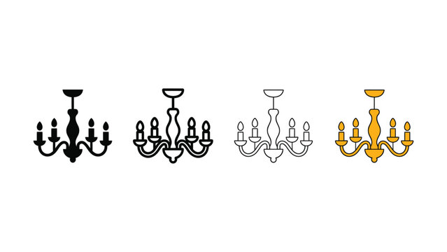 Set of four chandelier icons representing different styles and color variations for interior design applications