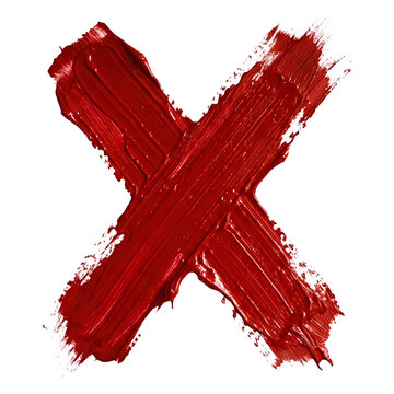 Bold red painted X mark brush stroke grunge texture digital illustration isolated on transparent