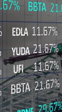 Animation of crane at construction site, financial data processing and statistics