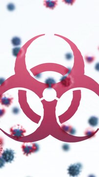 Animation of a red virus sign and macro Covid-19 cells floating on white background