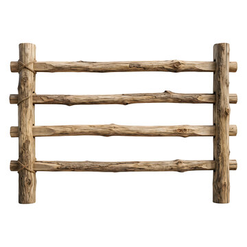 Rustic weathered wooden fence natural timber posts and rails isolated on transparent