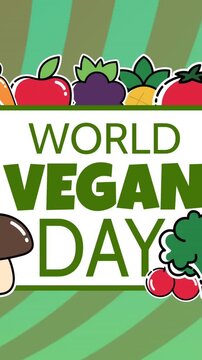 Animation of world vegan day over globe on green striped background