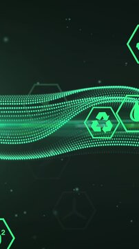 Animation of moving green wave and icons over dark background