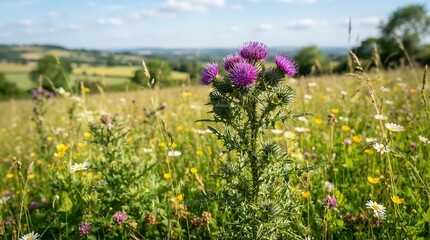 Obraz premium A vibrant flame-Canadian thistle wildflower growing in a colorful meadow under a bright summer sky in the rolling countryside with a soft focus background