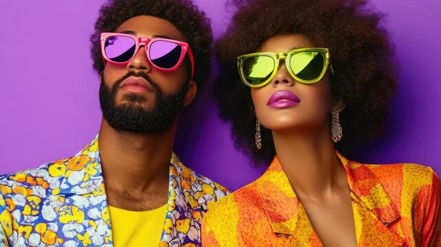 A man and a woman posing together, both wearing vibrant sunglasses and colorful, patterned clothing.