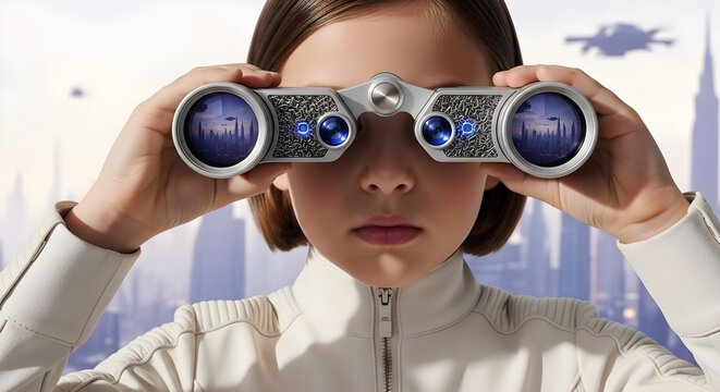 Girl holding advanced blue and silver binoculars up to her eyes, looking through them, observing or exploring, discovery and curiosity concept, close-up portrait.
