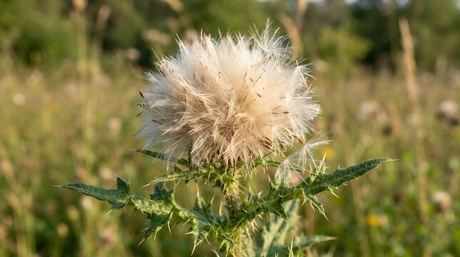 A close-up view of a mature flame-Canadian thistle seed head showing fluffy white pappus and thorny leaves in a wild meadow during the golden hour light