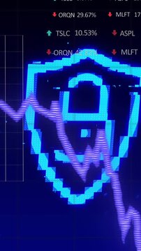 Animation of financial data processing with graph and padlock icon on blue background