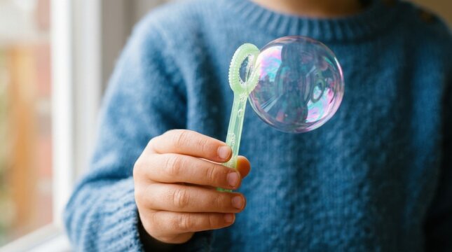 Child holding a bubble wand and blowing a soap bubble indoors.