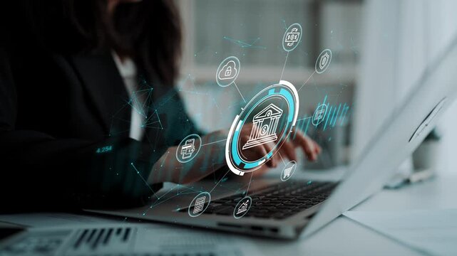 Hands of a Professional Working on a Laptop with Digital Banking Interface and Security Icons Representing Modern Technology and Data Management Collaboration. Entropy.