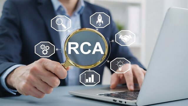 Businessman examining RCA acronym with magnifying glass over laptop showing business growth icons