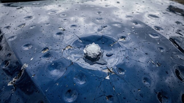 Close up view of a dark textured surface with circular indentations and a central white object.