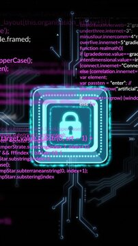 Animation of padlock icon and data processing over black background