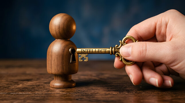 Hand unlocks wooden figure chest with key labeled intellect on desk