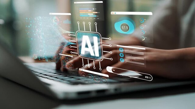 Person Using Laptop with Artificial Intelligence Concept Displayed on Screen in a Modern Workplace Environment Sigmoid