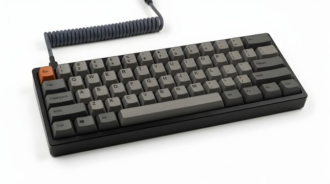 Compact mechanical keyboard with coiled cable and custom keycaps, showcasing retro-inspired design and ergonomic layout
