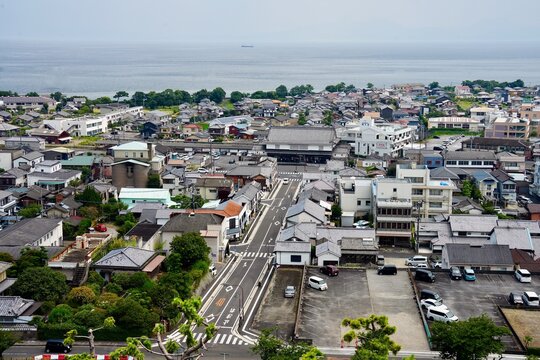 Panoramic high angle view of Shimabara city and ocean in Nagasaki Japan