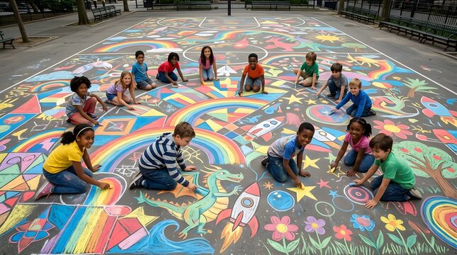 A group of cheerful children creates a colorful chalk drawing on a playground pavement.