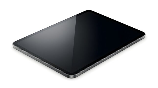 Modern slim digital tablet computer with blank black screen and metallic frame isolated on white background