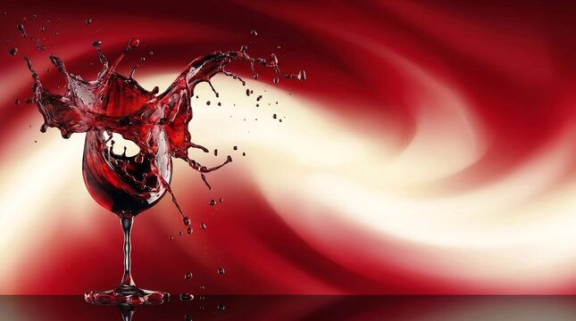 Dynamic red wine splash in a goblet against red abstract background