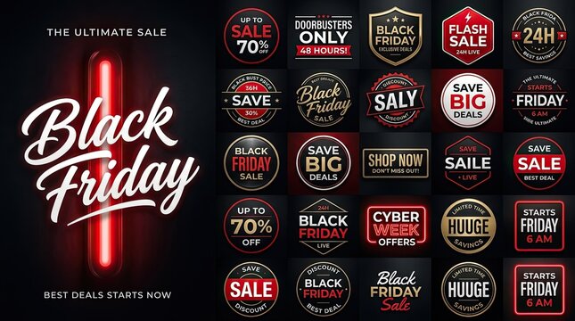 Black friday sale neon light sign background banner template set vector illustration with discount promotion shopping template background marketing commerce november