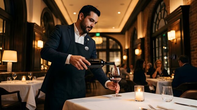 Professional waiter pouring red wine into glass at an elegant restaurant