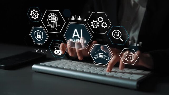 Person using modern technology with AI agents and digital interface displaying various icons and symbols for data analysis and automation concepts. Entropy.