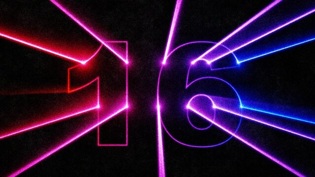 Number 16 outline with glowing neon laser beams in retro synthwave style