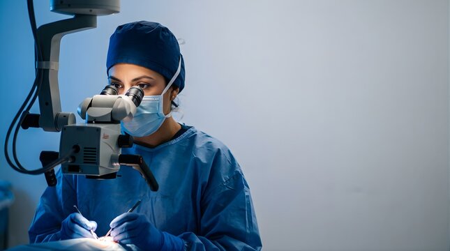 Surgeon using microscope for ophthalmic surgery in operating room