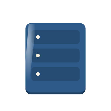 Blue database server icon with three stacked storage bays and indicator lights for network hosting and data center technology design
