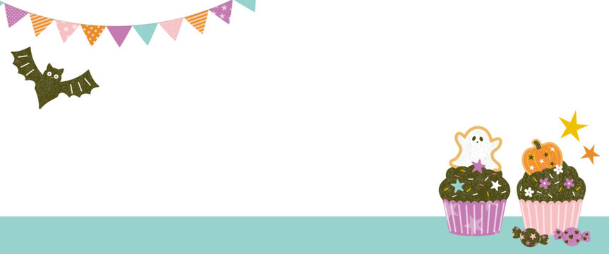 Cute Halloween vector banner with cupcakes, bats, and garlands