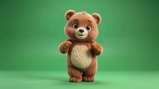 Cute 3d cartoon dancing bear performing rhythmic movements on green screen