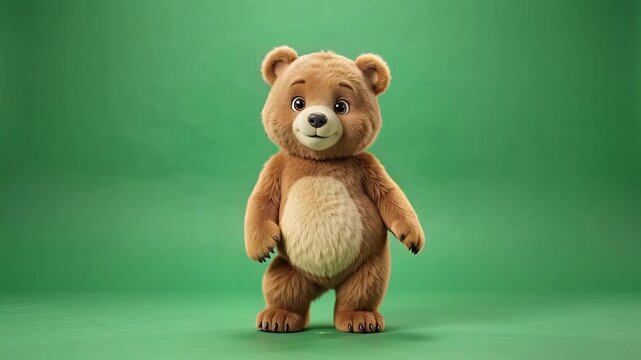 Cute 3d dancing bear character moving on green screen background