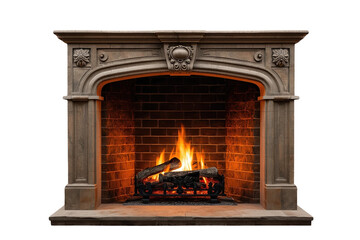 Fototapeta premium Ornate stone fireplace with bright burning flames