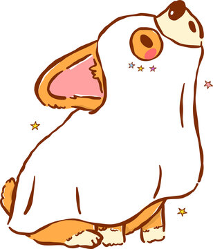 Cute Halloween Corgi in Ghost Costume Hand Drawn Whimsical Illustration