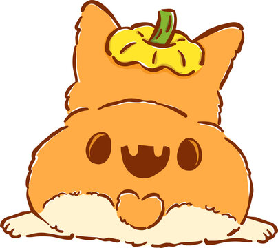 Cute Halloween Corgi Sploot with Pumpkin Hat Hand Drawn Whimsical Illustration