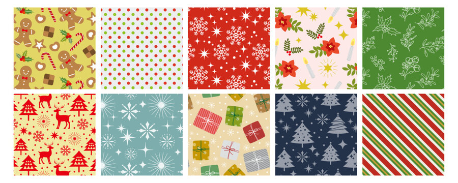 Cute Christmas vector seamless pattern collection for banners, wallpaper, gift wrapping, and stationery design
