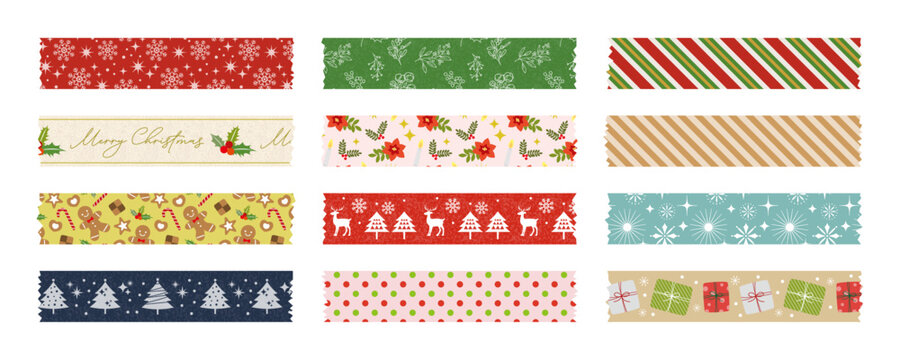 Cute Christmas vector masking tape collection for graphic design, stationery, packaging, and surface design