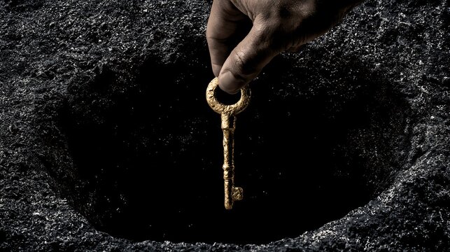 291. A psychological metaphor for breaking the cycle. A hand dropping a heavy brass key down a deep, dark well, deciding to never reopen the lock of a old family curse. High contrast side-lighting, 