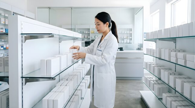 Young Asian pharmacist arranging medicine boxes on shelves in pharmacy