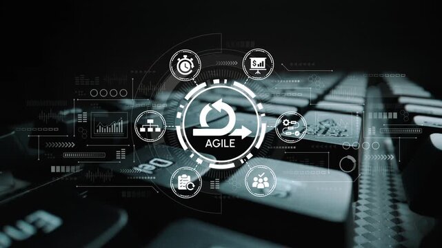 Modern Agile Methodology Concept with Digital Interface Overlay on a Black Keyboard, Symbolizing Efficiency and Collaboration in Project Management. Entropy.