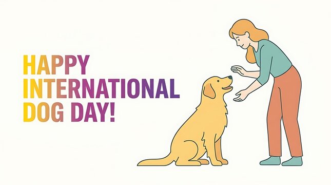 Happy International Dog Day illustration, golden retriever and woman icon, pet gifting vector graphics, colorful greeting card design, animal care concept