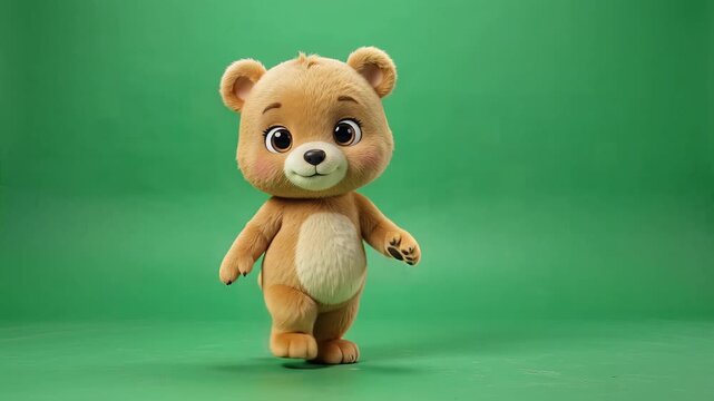 Cute 3d animated dancing bear performing happy steps on green screen